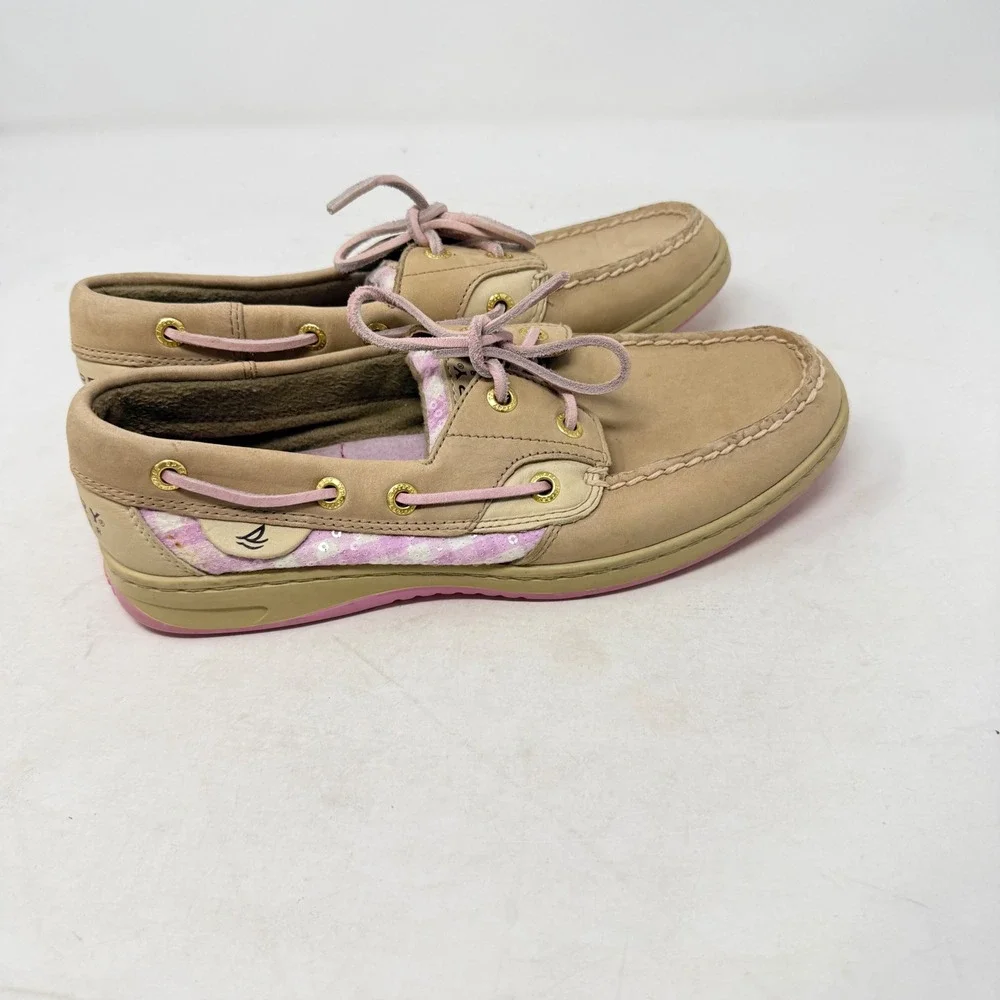 Sperry‎ Bluefish Top Sider Boat Shoes Pink Gingham Tan Leather Lace Up Size 7.5M